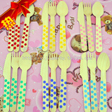 生日蛋糕餐盘餐具套装 波点派对一次性彩色圆点木质刀叉勺三件套