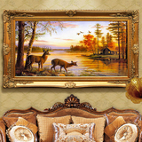 欧式手绘风景油画麋鹿壁画餐厅客厅沙发背景墙装饰画横版风水挂画
