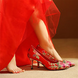 红色绣花鞋中式婚礼鞋龙凤褂旗袍敬酒鞋刺绣婚鞋中高跟鞋秀禾服鞋