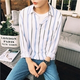 韩国代购秋装男士韩版个性宽松条纹长袖衬衫时尚休闲男衬衣外套潮