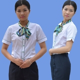 2015新款中国农业银行工装短袖围巾领白色农行制服修身农行女衬衫