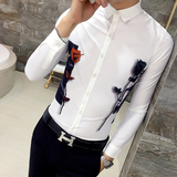 男士矮个子小码印花长袖衬衣韩版修身发型师紧身时尚衬衫S码显瘦