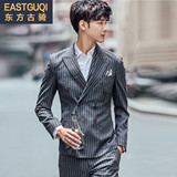2016休闲夜店时尚潮男小西装套装韩版男士双排扣条纹西服三件套装