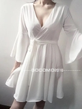 夏季新款纯色连衣裙雪纺喇叭袖修身短袖白色黑色性感收腰深V领裙