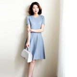 日本代购2016日系通勤女装真丝垂感针织显瘦短袖灰蓝色针织连衣裙