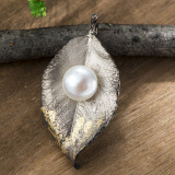 非常泰 925银淡水珍珠叶子胸针 复古时尚欧美潮流气质胸针 潮