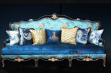 新古典欧式别墅公寓蓝色布艺三人沙发实木框架描金美式客厅沙发