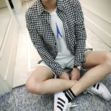2016春季新款 休闲黑白小格子衬衫长袖韩版修身青年学生衬衣男潮