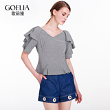 歌莉娅女装2016夏装新款短款荷叶袖格子衬衫女 164E3B55A