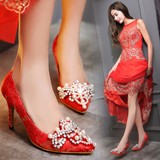 水钻中式刺绣超高跟鞋中跟细跟单鞋红色新娘鞋结婚鞋子大码41-43