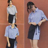 2016夏装新款韩版条纹中袖衬衣宽松百搭拼接假两件中长款衬衫裙女
