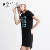 A21女装圆领时尚个性短袖连衣裙 2016夏装新品中长款字母印花女裙