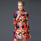 SZ默契欧美高端品牌2015秋冬新款女装印花中长款女士风衣外套
