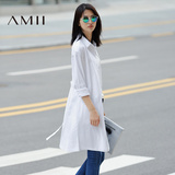 Amii[极简主义]2016秋新白色系腰带休闲宽松中长款衬衫女11692417