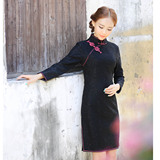 改良时尚日常旗袍长袖复古黑色蕾丝修身显瘦中式唐装女士连衣裙