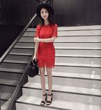 香港欧时力代购公司2016新款女装韩版蕾丝修身显瘦短裙镂空连衣裙