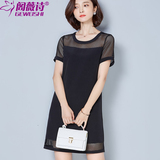 2016夏季女装新款网格拼接蕾丝连衣裙韩版修身大码中裙短袖裙子
