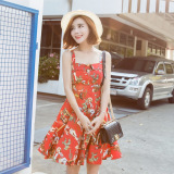 16夏装新款复古赫本风度假波西米亚沙滩红色印花吊带背心连衣裙