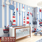西诺卡通墙纸 地中海条纹卧室儿童房大型壁画 迪士尼米奇米妮