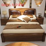 非洲黄金胡桃木全实木床1.8米双人床气压高箱真皮牛皮中式婚卧室