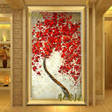 招财红色发财树油画客厅玄关酒店大堂过道壁画装饰画竖版立体挂画