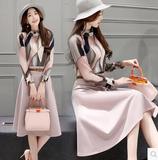 2016春夏季新款 韩版长袖印花两件套连衣裙女 中长款时尚套装裙子