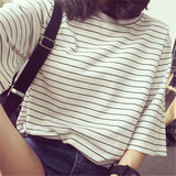 韩版夏装中袖五分袖体恤 T恤女短袖学生宽松显瘦大码条纹简约上衣