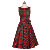 原创50S年代复古风红色格子一字领连衣裙大摆裙秋装