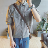 夏季韩国原单简约宽松休闲短袖衬衫日系纯色男士百搭五分袖衬衣潮
