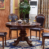 欧式实木餐桌椅古典雕花圆形橡木餐台胡桃色带转盘吃饭桌酒店桌子