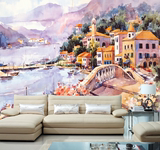 定制大型壁画墙纸 电视背景墙沙发客厅装饰壁纸 欧式小镇风景油画