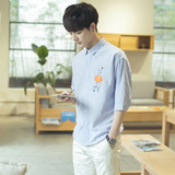 夏季男士青少年韩版修身休闲宽松7七分袖日系亚麻衬衫男潮流衬衣