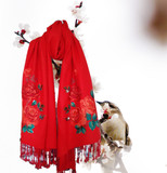 羊绒刺绣围巾红色内蒙古鄂尔多斯市产2015新款时尚长方形围巾披肩
