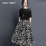 Vera Veins春夏新款高腰大摆蕾丝碎花刺绣花朵A字半身裙 中长裙