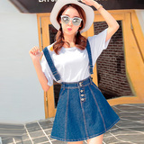 韩版夏季学院风可拆背带牛仔裙少女短裙中学生淑女高腰a字半身裙
