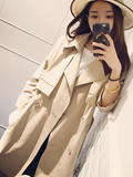 韩国秋2015纯色经典款双排扣系带中长款长袖修身显瘦女式风衣外套