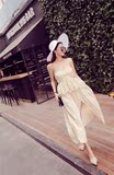 韩国代购2016夏新款女装沙滩吊带长裙海边蕾丝刺绣百褶风琴连衣裙