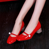 韩版方头中跟粗跟单鞋 女士皮鞋漆皮水钻跟红色婚鞋新娘鞋女鞋子