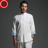 中国风 唐装男夏季七分袖白色立领盘扣亚麻上衣男棉麻中式复古潮