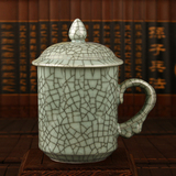 龙泉青瓷哥窑开片茶杯带盖 办公室个性陶瓷泡茶水杯子茶具 qyx Y