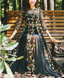 夏装新款哥特洛丽塔性感黑色蕾丝连衣裙甜美重工刺绣花朵大摆长裙
