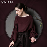 Asmolly夏季女装桑蚕丝真丝衬衫女长袖 酒红色大码衬衣 真丝上衣
