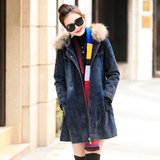 秋冬新款韩版女装长袖加厚羊羔毛风衣外套连帽中长款牛仔棉衣外套