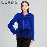 CCDD2015冬装新款女装毛呢羽毛拼接外套钉珠装饰通勤OLC44C145