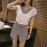 2016初秋韩版新款条纹V领上衣短袖T恤+条纹假两件裙裤套装 女