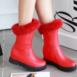 冬雪地靴女中筒靴纯红色保暖高跟厚底内增高加厚棉鞋兔毛学生短靴