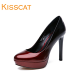 KISSCAT接吻猫 2015新品浅口牛皮细跟秋季圆头防水台细跟单鞋