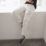 韩国女装正品代购22xx新款清新白色韩版磨破小脚宽松牛仔裤休闲裤