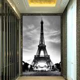 客厅玄关背景墙壁纸欧式无缝竖版大型壁画埃菲尔铁塔3d黑白墙布