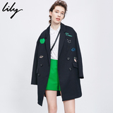 Lily2016春新款女装欧美印花宽松双排扣西装式风衣116120C1128